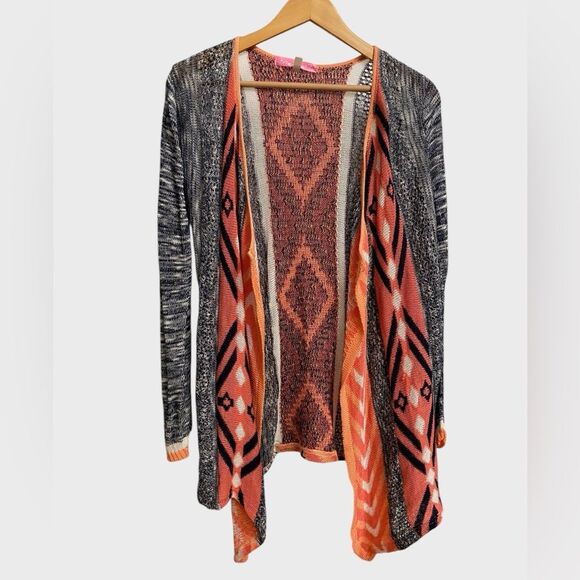 Say What? Open Front Cardigan Size L Multicolor Open Knit Aztec Geometric Print - Picture 1 of 12